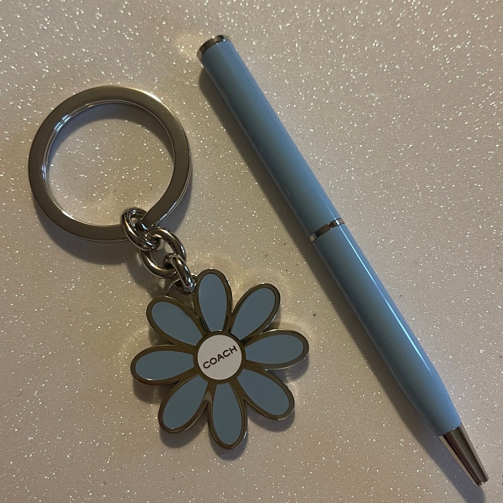 Coach Medium Blue Floral Keychain and Coach Pen Set